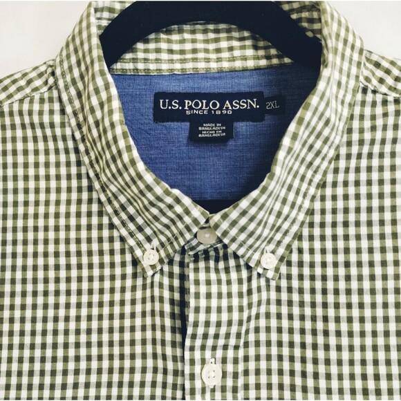 Polo Assn Shirt Men's 2XL Long Sleeve Button Down Collar Green White Gingham - Picture 1 of 10
